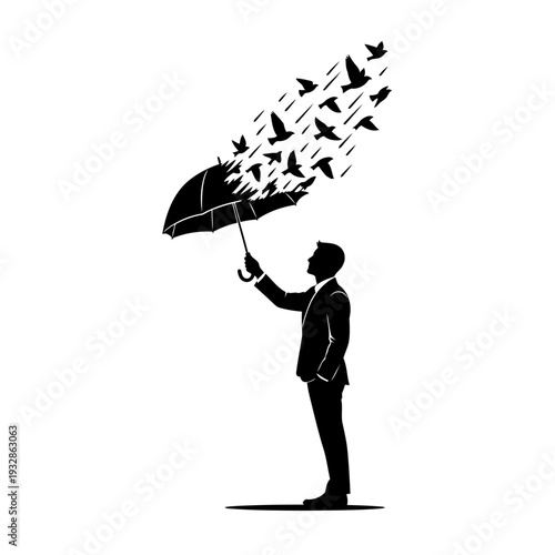 A man in a suit holds an umbrella with birds flying out of it