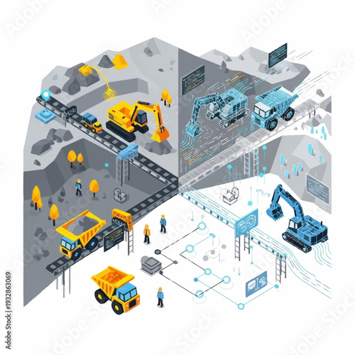Isometric view of a modern mining operation with various machinery and digital integration.
