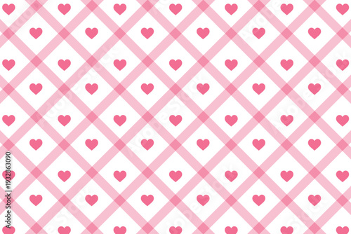 A vibrant pink and white patterned background with hearts and crisscrossing lines
