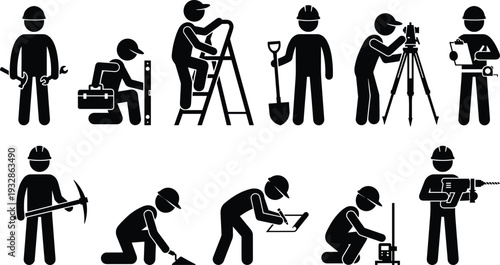 Construction workers silhouettes set with tools ladder tripod drill shovel pickaxe survey equipment isolated on white background icon collection vector illustration