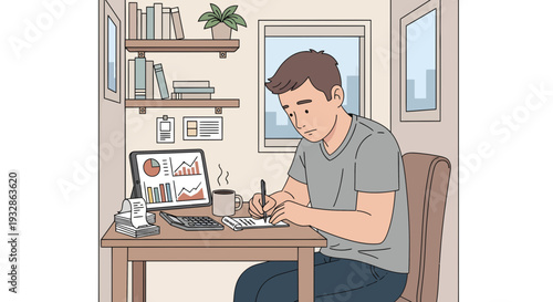 Young man diligently working at his desk with laptop.