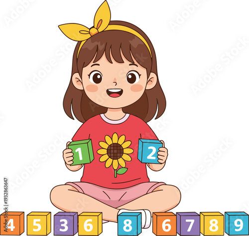 Photography Cute little girl learning numbers with colorful blocks educational cartoon vecto