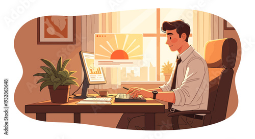 Young man working diligently at his computer desk.