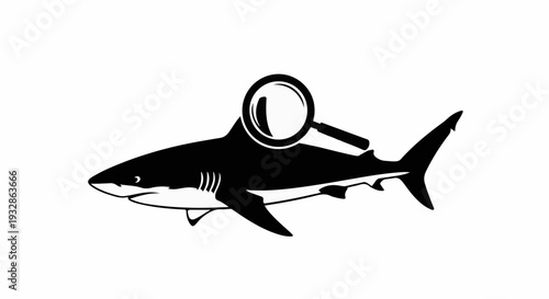 Shark silhouette with magnifying glass, representing research or discovery