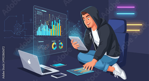 Young man in hoodie analyzing data on multiple devices.