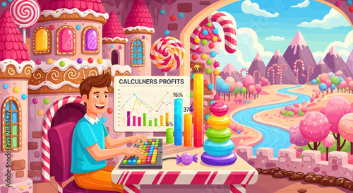 Young man working on computer in candy land.