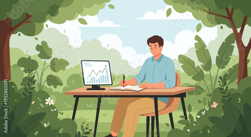 Young man working on laptop in nature setting.