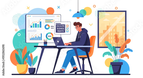 Young man working on laptop at desk with charts on screen.