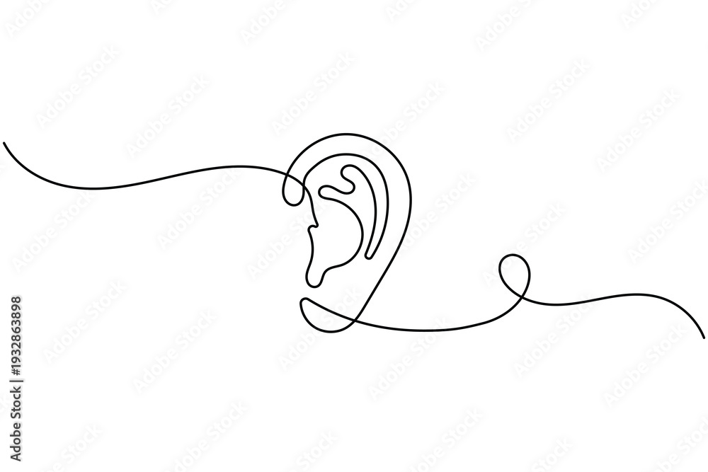 Fototapeta premium Human ear single line art illustration isolated on white background for health and sound