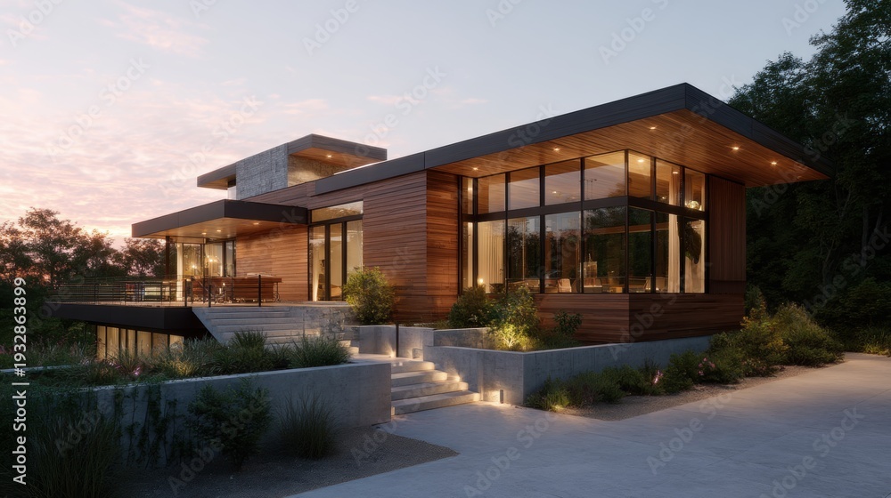 Obraz premium Modern luxury house exterior at twilight. Contemporary architecture home for real estate and residential design concept. Elegant dwelling front view.