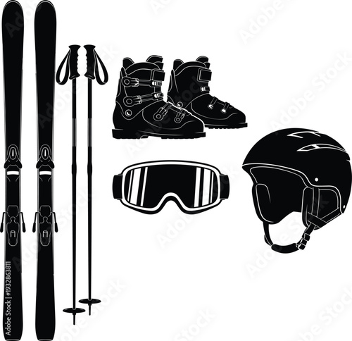 Ski equipment silhouette set vector illustration, black skis poles boots helmet goggles for winter sports snow mountain adventure and resort designs