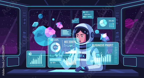 Astronaut Analyzing Futuristic Data Displays in Spacecraft.
