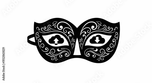 Ornate masquerade mask with cloud icons symbolizing digital identity and data.