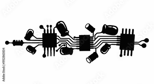 Abstract digital circuit board with integrated chips and components