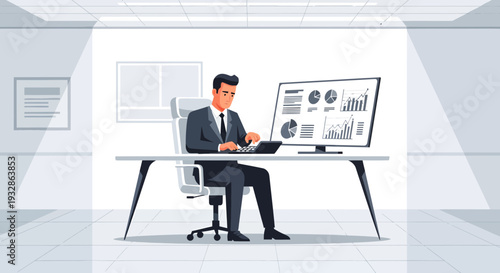 Businessman working diligently at his desk with a large computer screen displaying charts.