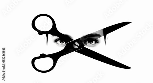 Intense eyes peering through crossing scissors, symbolizing division or scrutiny.