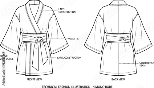 Kimono robe technical fashion illustration front and back view with lapel construction and waist tie detail isolated on white background