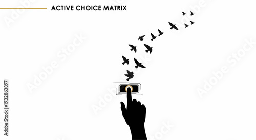 Silhouette hand presses button releasing flock of birds into the sky, symbolizing choice and freedom.