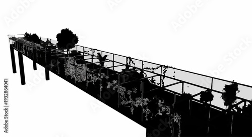 Elevated walkway lined with lush greenery and trees, offering a serene urban oasis.