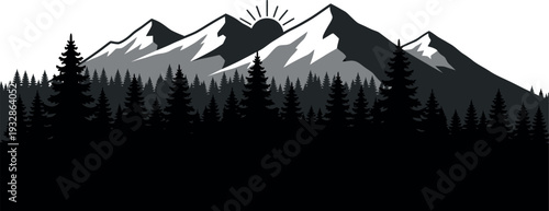Vector illustration of a cold winter mountain landscape silhouette featuring a snowy forest and frozen lake under a misty blue sky with clouds and alpine glacier views