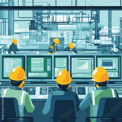 Factory control room with multiple green screens and workers in hard hats observing operations on computers , vector style simple color