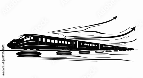Sleek high-speed train speeding forward with abstract motion lines indicating progress and technology.
