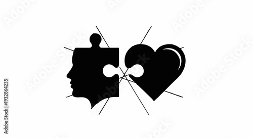 Symbolic puzzle pieces of a human profile and heart connecting as one concept