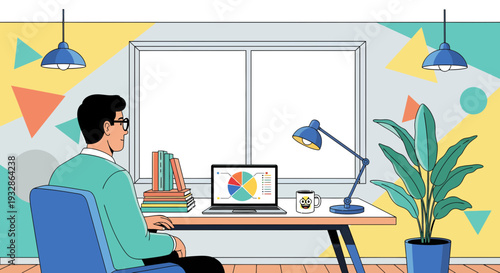 Man working at desk with laptop and books.