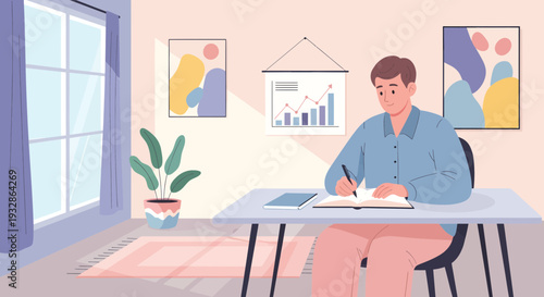 Man working diligently at his desk in a welllit room.