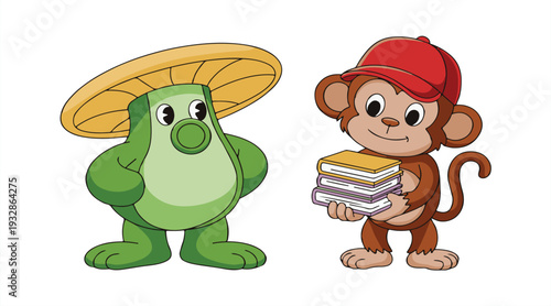 Cartoon monkey and green character with books and hat