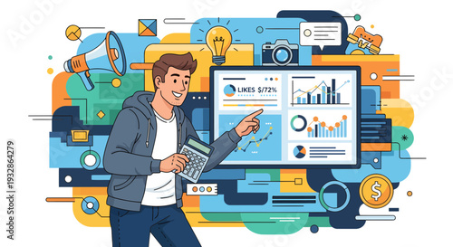 Man with calculator pointing at computer screen with charts.