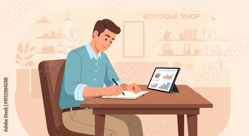 Man working diligently at his desk with a tablet.