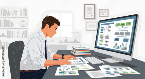 Man working diligently at his desk with charts and computer.