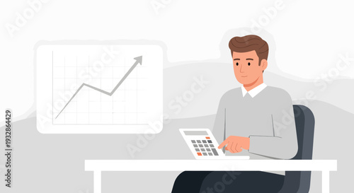 Man working with calculator and growth chart.