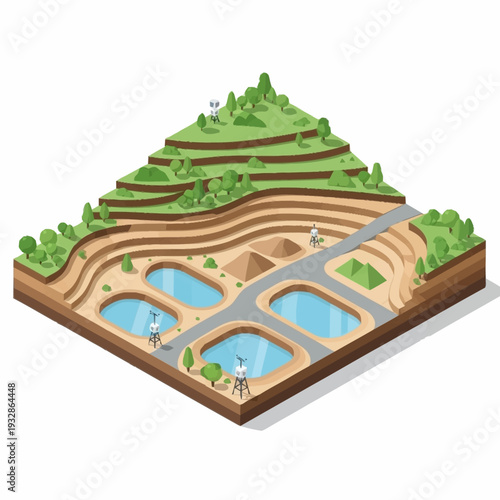 Isometric view of a terraced landscape with water reservoirs and roads.