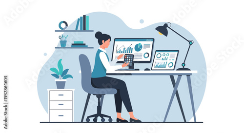 Woman working on computer with financial charts and calculator.