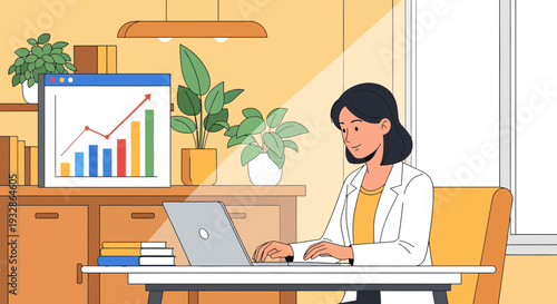 Woman working diligently on laptop in bright office setting.