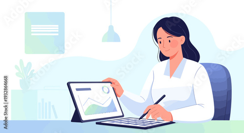 Woman working on tablet and calculator at desk.