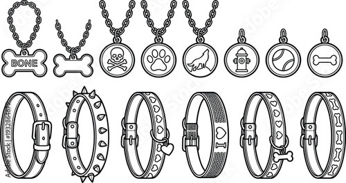 Dog collar and pet tag collection with bone skull paw and pendant charms isolated on white background vector illustration set