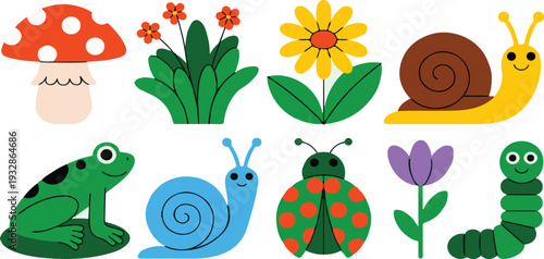 Colorful cartoon garden creatures and plants isolated on transparent background