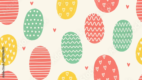Seamless pattern with colorful Easter eggs decorated with stripes dots and hearts in hand drawn doodle style symbolizing spring holiday celebration