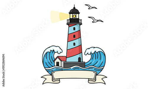 Striped Lighthouse with Waves, Seagulls, and Banner Illustration