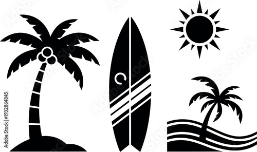 Vector illustration of a tropical island landscape featuring palm tree silhouettes against a summer sunset beach with sea waves and sun for paradise vacation design