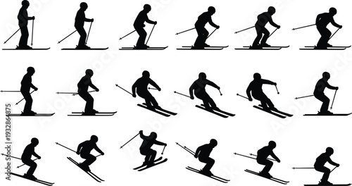 Skier silhouettes performing downhill skiing turns and jumps isolated on white background winter sport vector illustration set