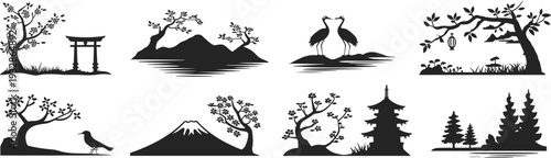 Set of Japanese landscape silhouettes with trees, torii gate, pagoda, cranes and Mount Fuji black white illustration