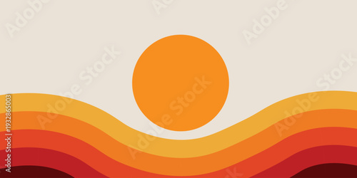 A vibrant and serene illustration of a sunset over wavy lines
