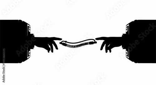 Two hands reaching out to touch a luminous, curved object, symbolizing connection and creation.