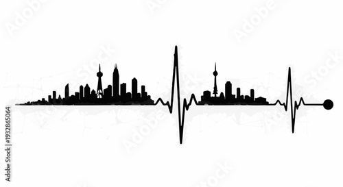 City skyline silhouette in a heartbeat EKG line, symbolizing urban life and vitality.