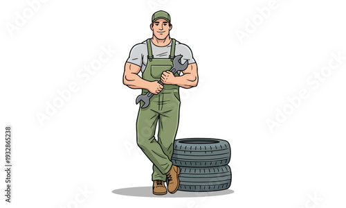 Auto Mechanic Holding Wrench Leaning on Car Tires Illustration