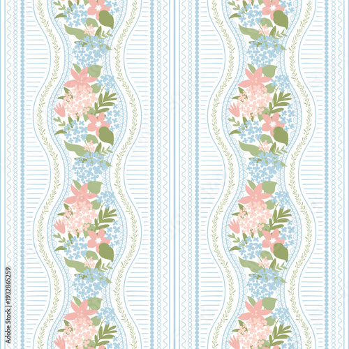 Preppy floral striped seamless pattern in pastel color palette. Lace stripes, decorative waves, grandmillennial flowers. Hand drawn vector coquette print design, textile, repeat background, wallpaper.